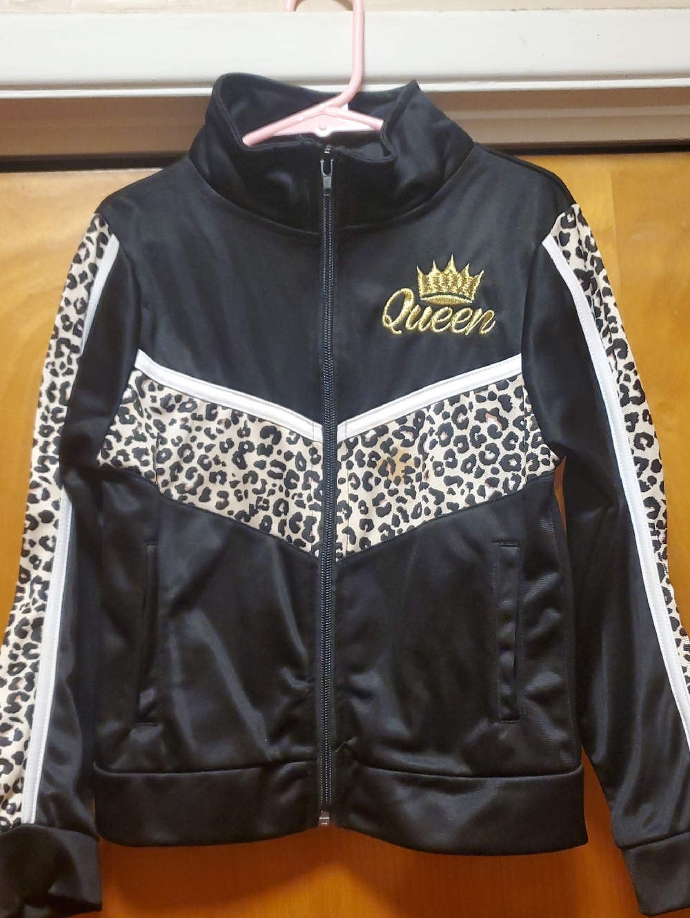 Queen Embroidered Black Leopard Print Track Jacket Size 5/6